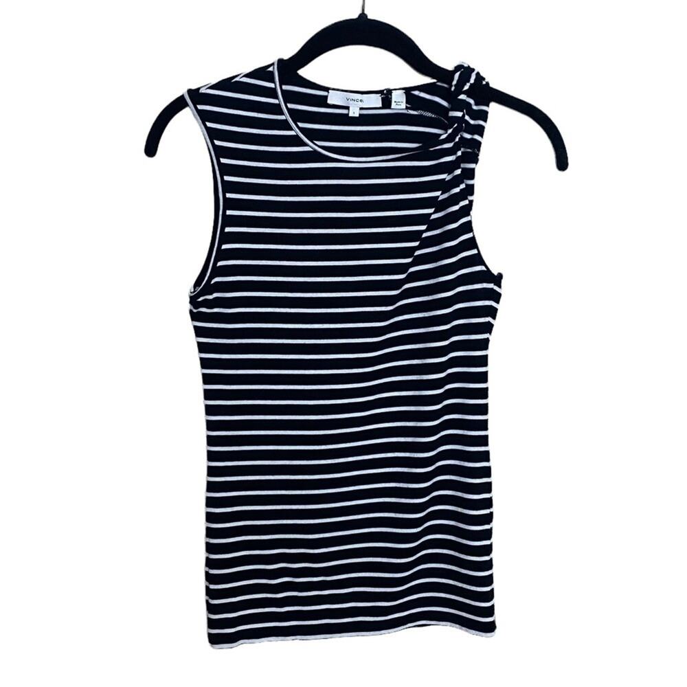 Vince size Small Tank Black & White Striped Pima Cotton Twist Neck Sleeveless